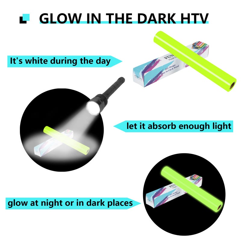 FUNKAKA Glow in The Dark Heat Transfer Vinyl Roll  12"" x 10ft Luminous Neon Yellow Iron on Vinyl for All Cutter Machine  Glow in The Dark HTV Vinyl for T-Shirts Easy to Cut & Weed for Heat Vinyl DIY - Image 2